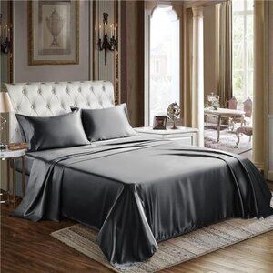 CozyLux Satin Sheets Queen Size - 4 Piece Dark Grey Bed Sheet Set with Silky